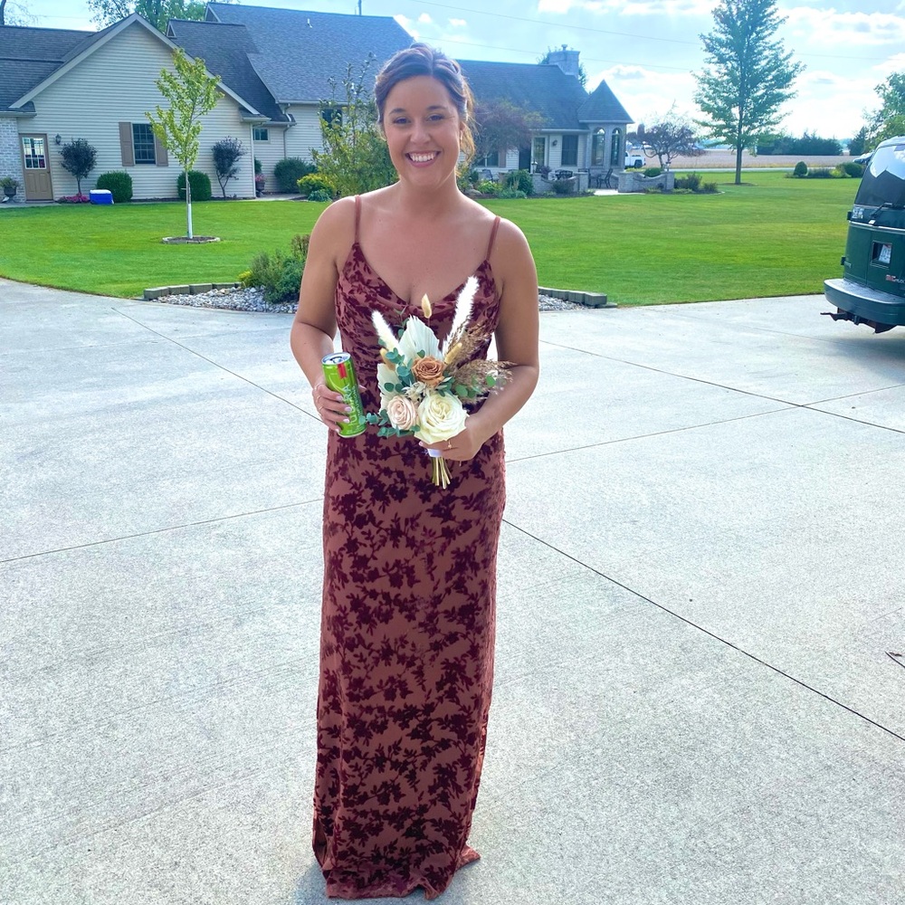 Revelry bridesmaids dress with felt floral appliqué